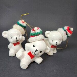Vintage Ceramic Polar Bear Ornaments Hanging Lot X 3 Taiwan Knit Caps
